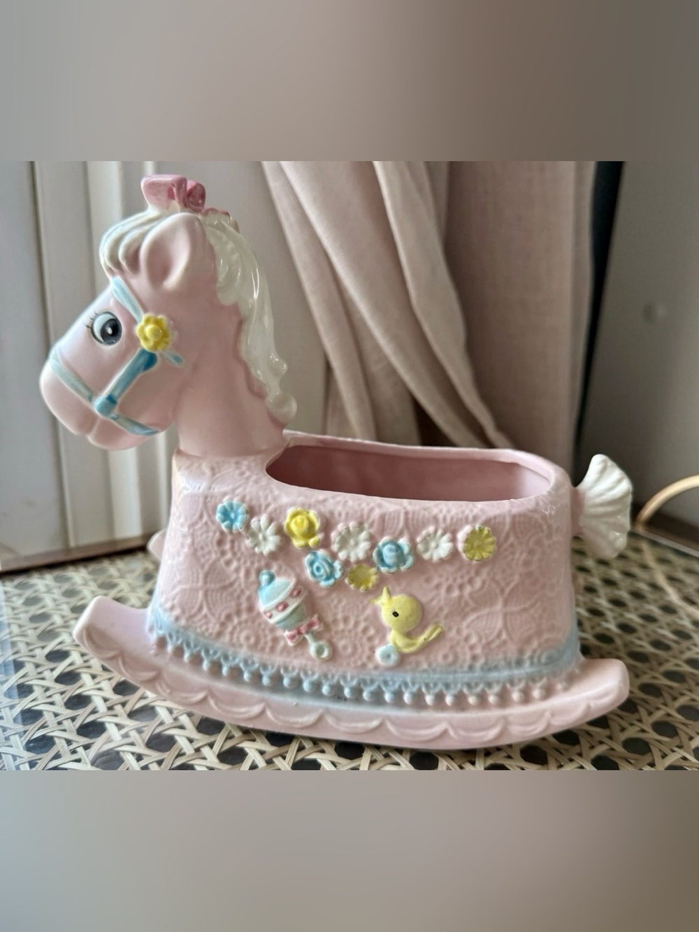 Vintage Napco Rocking Horse Vase/Planter Pink Satin Matte Floral Nursery Vanity